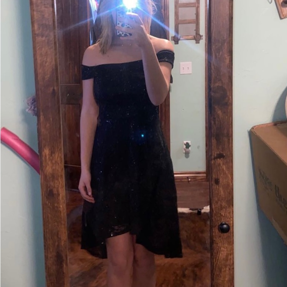Black sparkly off-shoulder formal dress